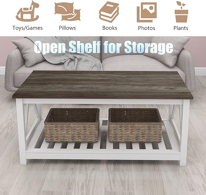 Farmhouse Coffee Table for Living Room, 2-Tier Rectangular Wooden Centre Cocktail Table with Slats Shelf Storage and V-Shaped Frame, Dark Oak