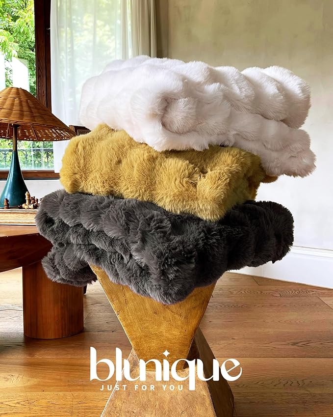 Ultra Soft Cozy Faux Fur Throw Blanket, Fuzzy Plush Thick Bubble Blanket, Oversize Luxury Fluffy Blanket for Couch, Sofa, Bedroom, and Living Room, Gifts for Women and Girls, 50x60 Inches, Dark Yellow