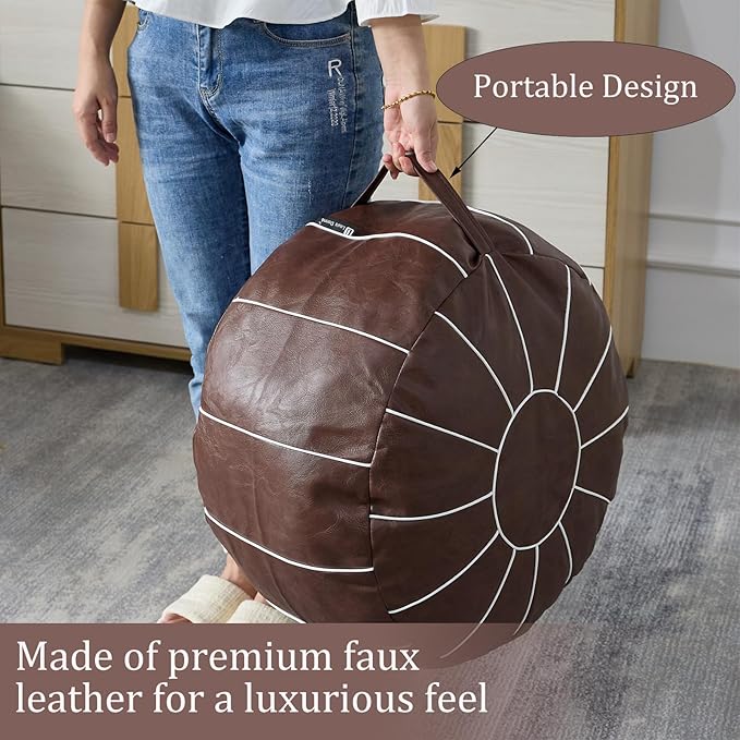 Louis Donné Unstuffed Pouf Ottoman Cover, Handmade Moroccan Foot Stool for Foot Rest, Round Faux Leather Small Bean Bag with Storage Solution, Floor Pouffe Footstool for Living Room, Bedroom Balcony
