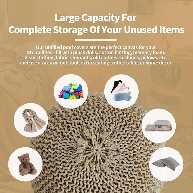HOMBYS Unstuffed Ottoman Pouf Cover, 100% Cotton Handmade Knitted Ottoman Pouf Cover Round Foot Stool, Floor Bean Bag Chair, Foot Rest Storage for Living Room Bedroom, Khaki(Cover ONLY NO Filler)