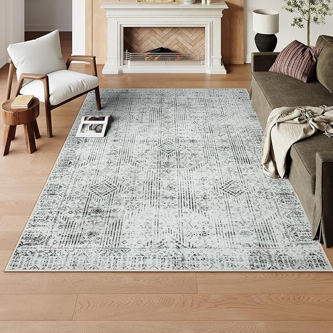Lahome Mid Century Modern Rug for Office 5x7, Washable Grey Rugs for Living Room, Soft Neutral Dorm Room Rug for Bedroom Aesthetic, Rubber Backed Non-Slip Carpet for Dining Room
