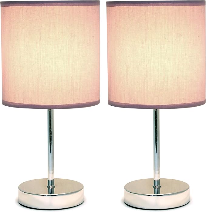 Simple Designs LT2007-PRP-2PK Chrome Mini Basic Table Lamp with Fabric Shade 2 Pack Set, Periwinkle Purple