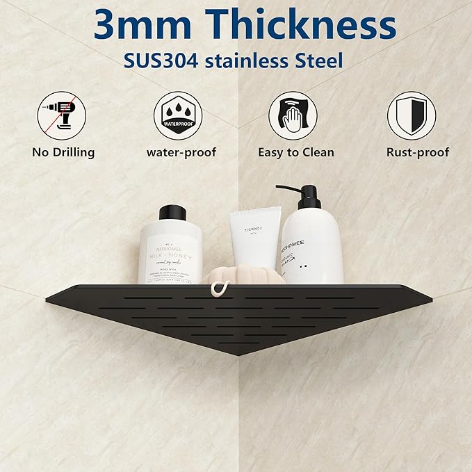 Matte Black Corner Shelf, Floating Corner Shelves for Tile Wall, Tile Shower Shelf, 304 Stainless Steel Wall Storage Shelves for Bathroom, No Drilling, 10 Inch, 1 Pack