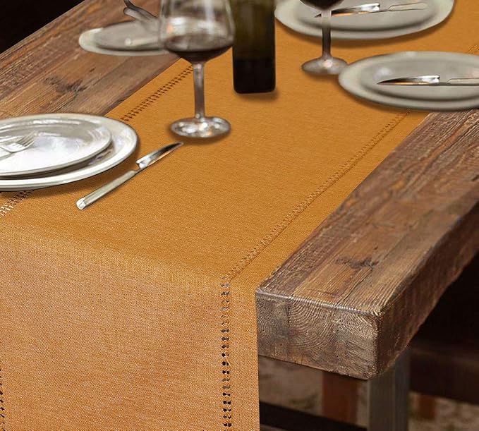 Grelucgo Handcrafted Solid Color Dining Table Runner, Dresser Scarf, Double-Hemstitched (Mustard Gold, 14 x 48)