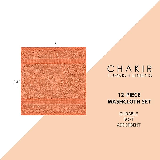 Chakir Turkish Linens | Hotel & Spa Quality 100% Cotton Premium Turkish Towels | Soft & Absorbent (12-Piece Washcloths, Coral)