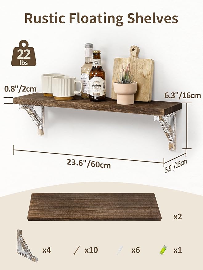 Gronda Floating Shelves for Wall 23 Inch Storage Shelf for Bathroom Kitchen Laundry Over Toilet Wooden Hanging Organizer Farmhouse Rustic Decor for Bedroom Living Room, Set of 2