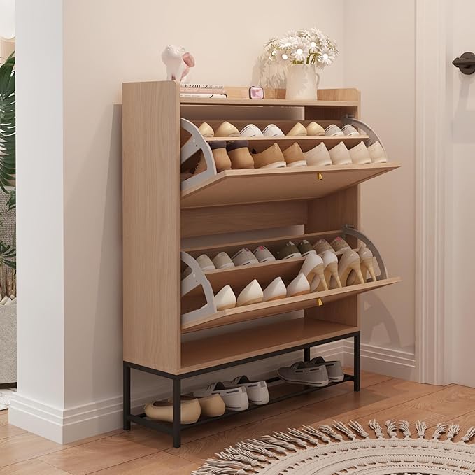 AVZEAR Narrow Shoe Storage Cabinet for Entryway with 2 Flip Drawers, Freestanding Shoe Cabinet with Natural Linen Panel, Slim Wood Shoe Organizer Closed Shoe Rack for Hallway, Foyer(Natural)