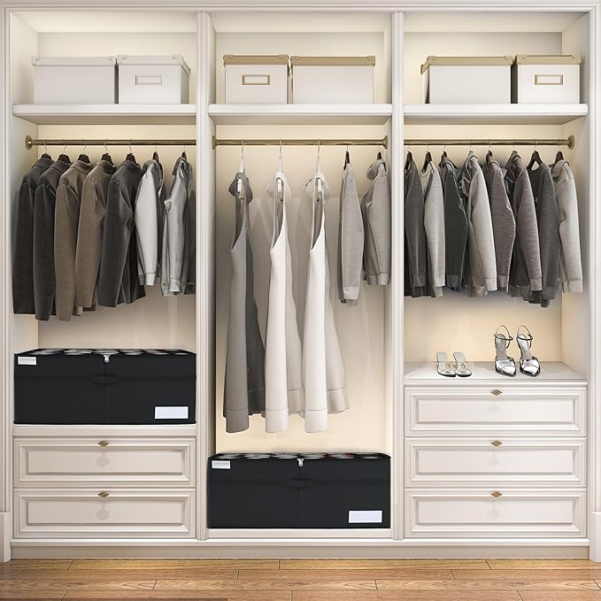 Shoe Storage Organizer, Fits 24 Pairs, Large Shoe Organizer Box for Closet, Clear Foldable Shoes Containers w/Bottom Support, Space Saving Shoe Cubby Storage Boxes w/Reinforced Handles, Black