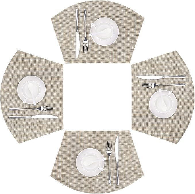 SHACOS Wedge Placemats Set of 4 for Small Round Table Woven Vinyl Table Placemats Wipe Clean CircleTable Mats Indoor Outdoor, Beige