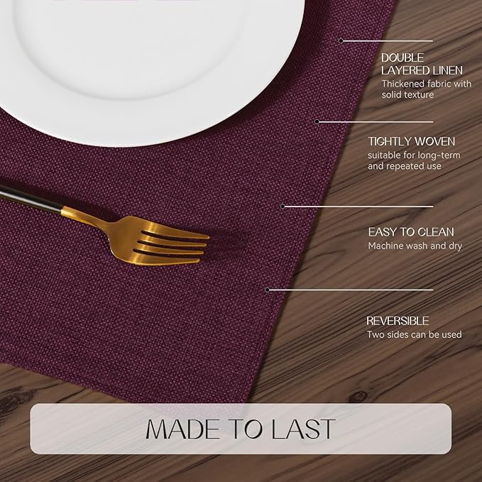 Romanstile Cloth Placemats Set of 8-12 x 18 Inch, Heat Resistant Double Layered Thickened Burlap Place Mats, Washable Linen Farmhouse Table Mats for Kitchen/Dining/Party/Outdoor, Purple