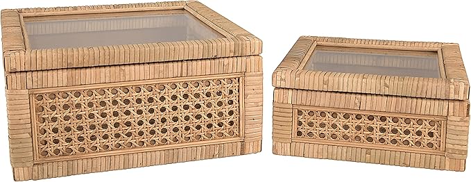 Creative Co-Op Modern Decorative Square Woven Rattan and Wood Display Boxes with Glass Top, Set of 2 Sizes, Natural Finish