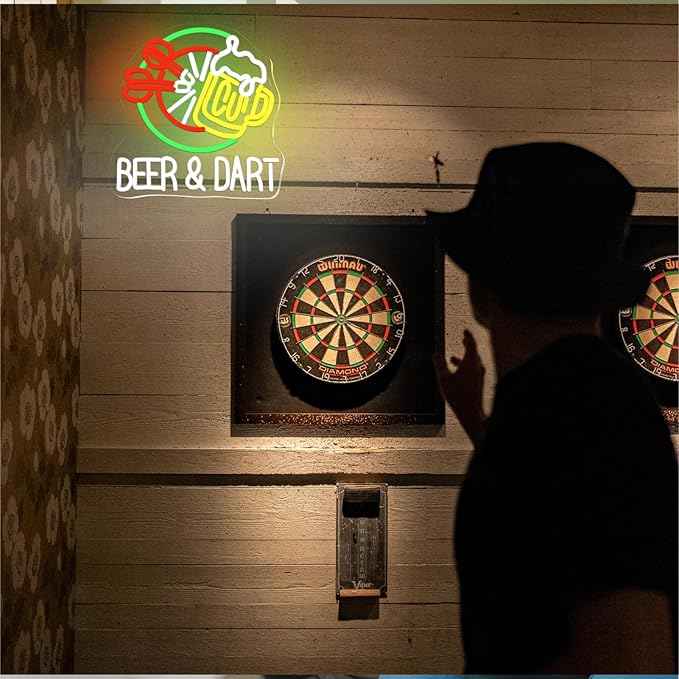 Beer & Dart Neon Sign – Fun Bar Wall Light with Dartboard and Beer Mug Design – 13"x12.6" LED Decor for Game Room, Pub, or Man Cave, USB Powered, 5V/2A,Dimmable