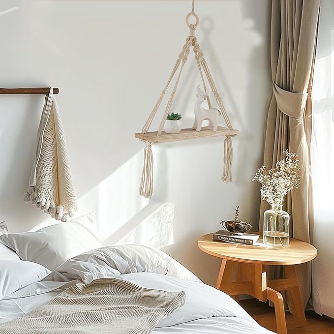 HOSROOME Boho Macrame Hanging Shelves with Floating Design, Perfect for Bedroom, Living Room, Bathroom or Nursery Wall Shelves, White
