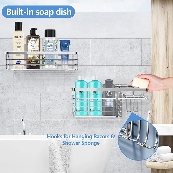 Adhesive Shower Caddy 2 Pack Shower Organizer Shelf, No Drilling Stainless Steel Bathroom Storage Rack for Inside Shower Shampoo Conditioner Holder,Silver (Shower Caddy Sliver)