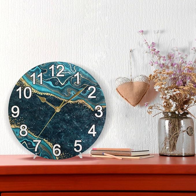 Turquoise Blue Marble Gold Veins Wall Clock Non Ticking Silent Kitchen Clock Large Battery Operated Clocks 10 inch for Living Room Bedroom Decor