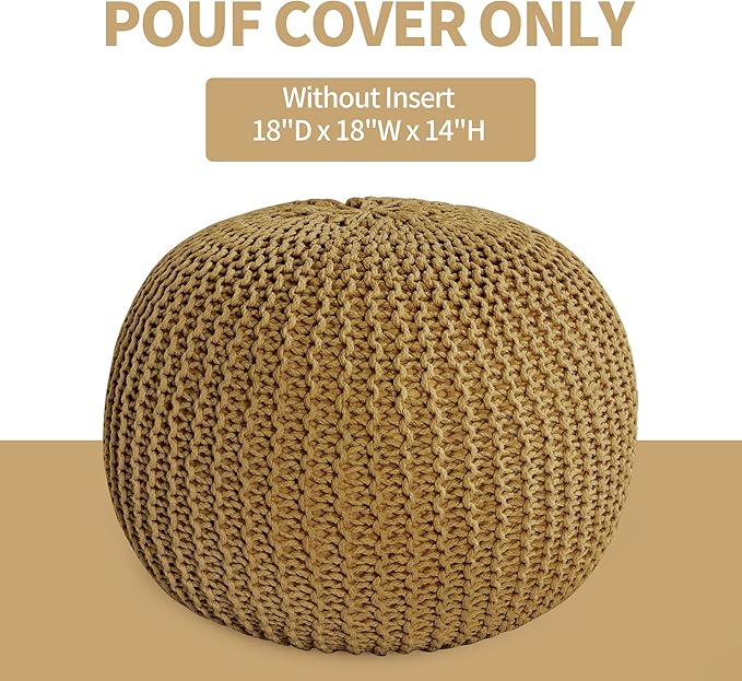 HOMBYS Unstuffed Ottoman Pouf Cover, 100% Cotton Handmade Knitted Ottoman Pouf Cover Round Foot Stool, Floor Bean Bag Chair, Foot Rest Storage for Living Room Bedroom, Ginger(Cover ONLY NO Filler)