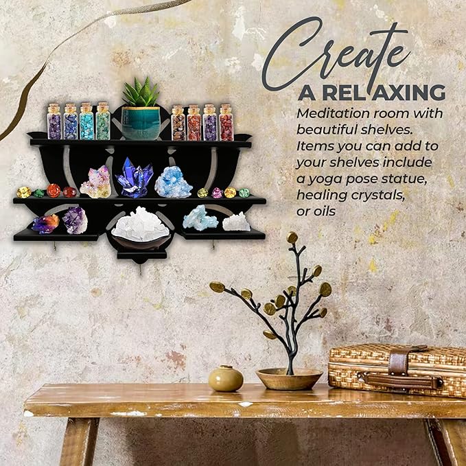 Chakral Wooden Lotus Flower Shelf for Crystals - Floating Crystal Display Shelf & Holder, Wall Decor for Bedroom Aesthetic, Pinewood (Black)