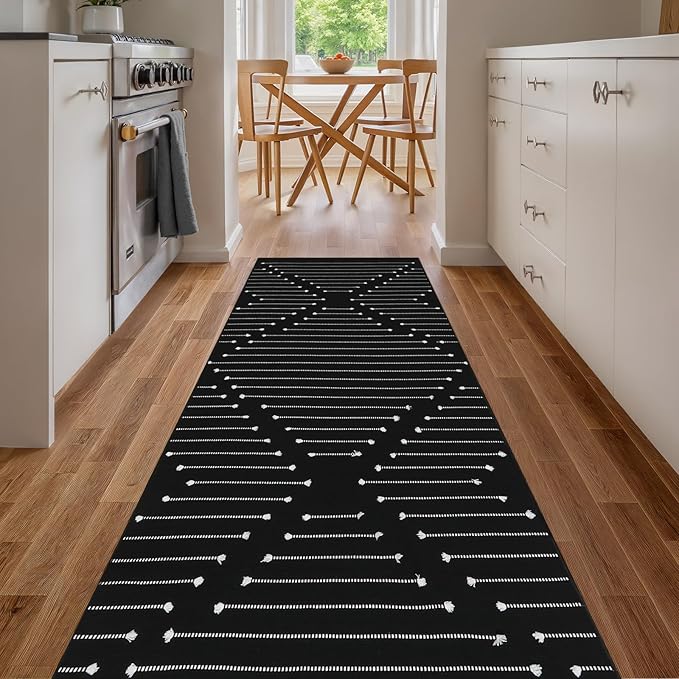LIVEBOX Black Runner 2'x6' Boho Washable Rug for Hallway, Moroccan Woven Entryway Throw Area Rug Indoor Cotton Mat for Kitchen Laundry Room Bathroom Entry