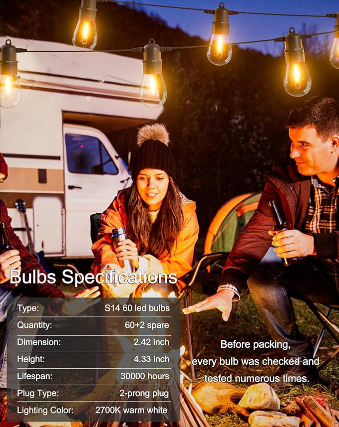 200FT LED Outdoor String Lights with 60 Edison Shatterproof IP65 Waterproof Bulbs, 2700K Dimmable Commercial Grade Patio Lights, Heavy Duty Outside Hanging Light for Garden Decor