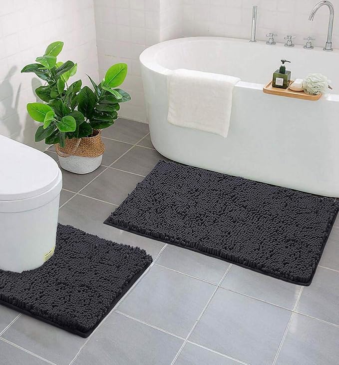 LuxUrux Bathroom Rugs Sets 2 Piece: Quick Dry, Soft Plush Anti-Slip, Super Absorbent. Includes Rectangular (31x20 inches) & U-Shaped Toilet Mat (20x20 inches) | Charcoal