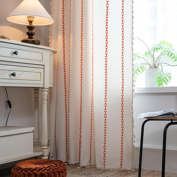 Sutuo Home Boho Curtains 84 inches for Bedroom Living Room, Semi Blackout Embroidery Window Bohemian Tassels Drape for Fall Halloween Decor, Rod Pocket 1 Panel 52" W x 84" L, White and Orange