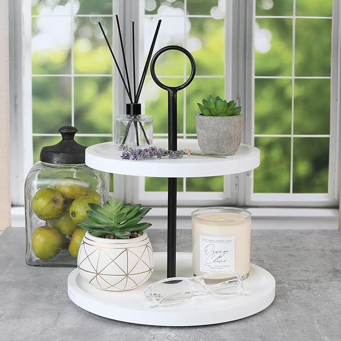 Decorative Wooden Tiered Tray Stand - Beautiful Two Tiered Coffee Table Serving Tray Enhances Your Seasonal Modern Farmhouse Decor - The Perfect Centerpiece for Your ChristmasTable Decorations