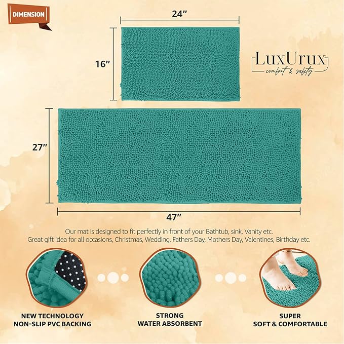 LuxUrux 2-Piece Bathroom Rug Set - Ultra-Plush Chenille Mats, Includes Runner Rug, Soft, Absorbent, Non-Slip & Stylish (27x47 & 16x24 inches, Turquoise)