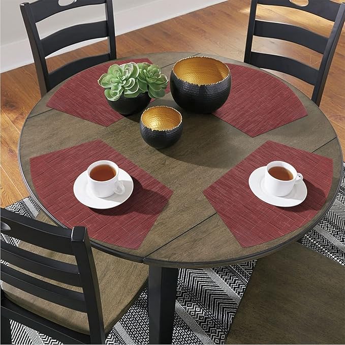 SHACOS Small Round Table Placemats Set of 4 Wedge Placemats Burgundy Red Heat Resistant Table Mats Wipe Clean (4, Burgundy Red)