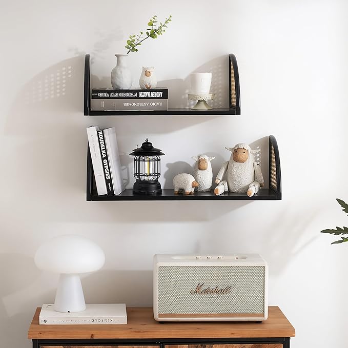 Floating Shelves for Wall,Rattan Wall Mounted Shelves for Wall Decor,Sturdy Wood Bathroom Shelves for Kitchen,Bedroom,Living Room,24.8 * 7.68 inch,Set of 2,Black