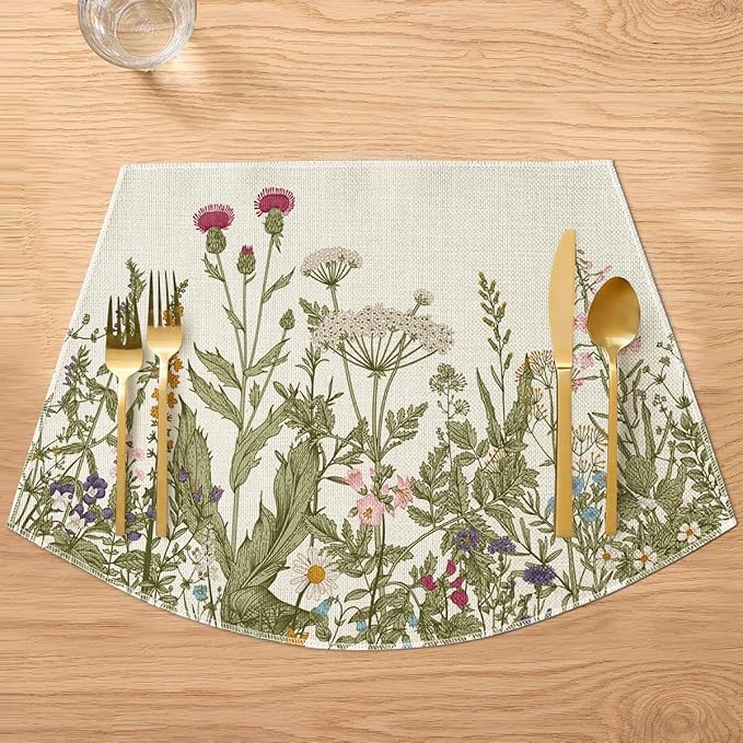 Artoid Mode Wild Flower Round Table Summer Wedge Placemats Set of 4, Seasonal Kitchen Dining Table Decoration for Indoor Party Home