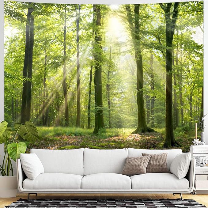 Lunerfex Tyndall Effect Forest Nature Tapestry, Sunlight Streaming Through Trees Wall Hanging for Bedroom and Living Room Decor, 7090 Inches