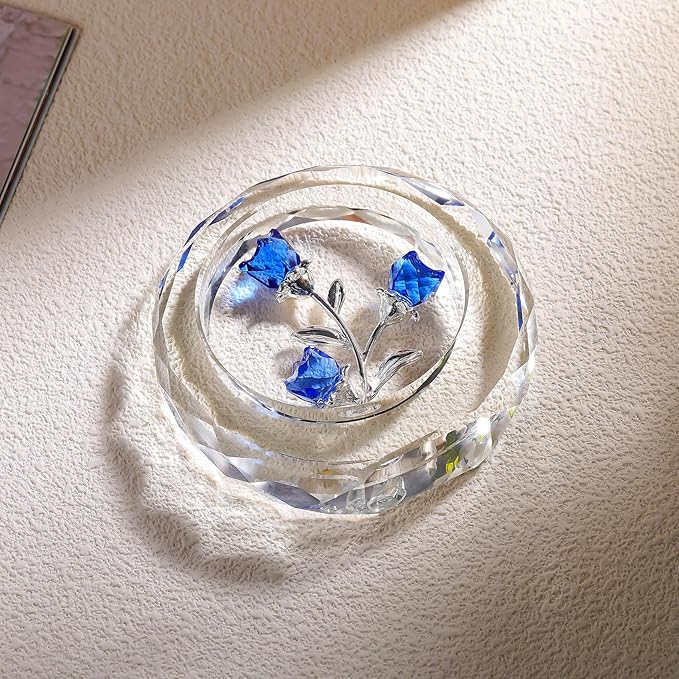 Crystal Blue Rose Bouquet Figurines Glass Flowers with Stems Valentines Anniversary Rose Gifts for Girlfriend Wife, Blue Crystal Rose in Glass Ring Collectible Figurines Forever Roses Decor