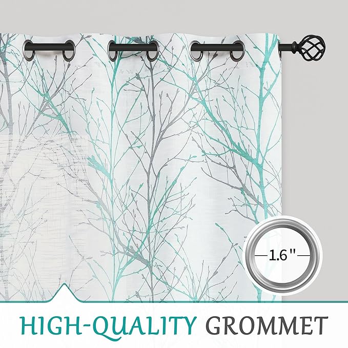 FMFUNCTEX Linen Semi Sheer Curtains for Bedroom, Auqa Blue White Curtains 96 Inches Long for Living Room, Grey Tree Branch Patterned Curtain Light Filtering Window Drapes, Grommet Top 2 Panels