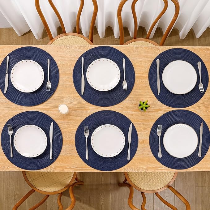SHACOS Round Placemats Set of 6 Washable 15 inch Circle Cotton Polyester Woven Braided Place Mats for Dining Table Indoor Outdoor Table Mats Home Party Wedding Decor (Navy, 6)