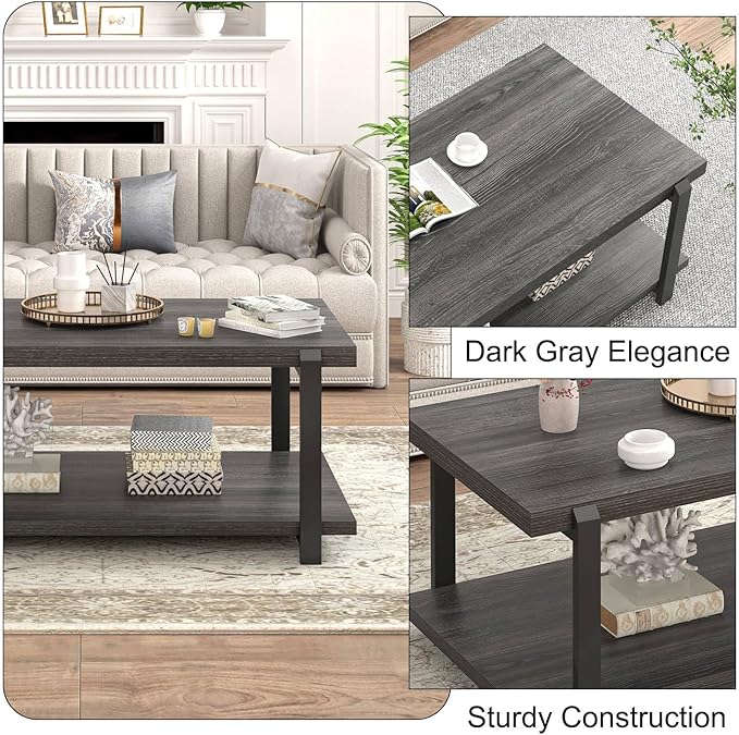 FOLUBAN Modern Coffee Table, Rustic Wood Center Table with Storage for Living Room, Dark Gray