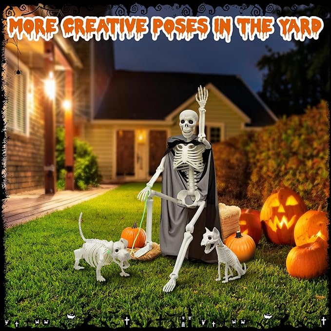 Askill 36" Skeleton Halloween Decorations, 3FT Posable Skeleton with Dog & Cat Skeleton - 5 in 1 Creepy Plastic Movable Joint Skeleton for Halloween Party Yard Decor (36inch)