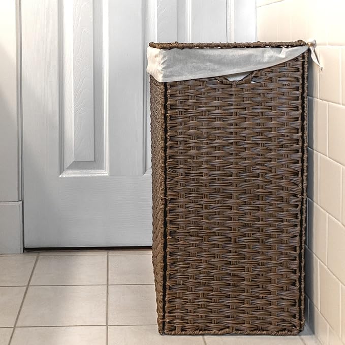 Synthetic Wicker Laundry Hamper Basket with Lid and Liner (Brown)