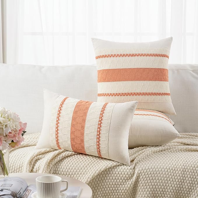 Fancy Homi Set of 2 Boho Coral Decorative Throw Pillow Cover 20x20 Inch for Couch Bed Sofa, Aesthetic Modern Organic Farmhouse Home Decor, Soft Cotton Cute Accent Macrame Woven Cushion Case
