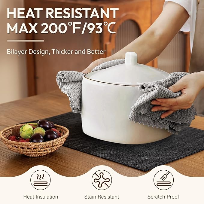 Placemats Set of 4, Dual-Layered Thickened Faux Linen Cloth Place Mats Heat Resistant Machine Washable Wrinkle Free Table Mats Indoor/Outdoor (Black)