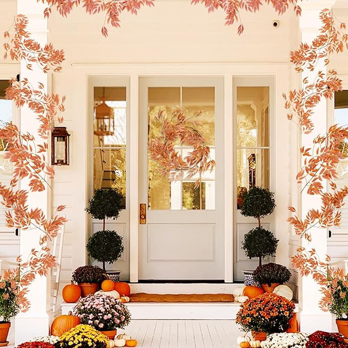 RECUTMS Artificial Hanging Willow Leaves Vine Twigs 2Pcs 5.7Ft Fall Garland Fake Silk Willows Leave Ivy Faux Greenery for Indoor Outdoor Wedding Jungle Birthday Autumn Wreath Thanksgiving Party Decor