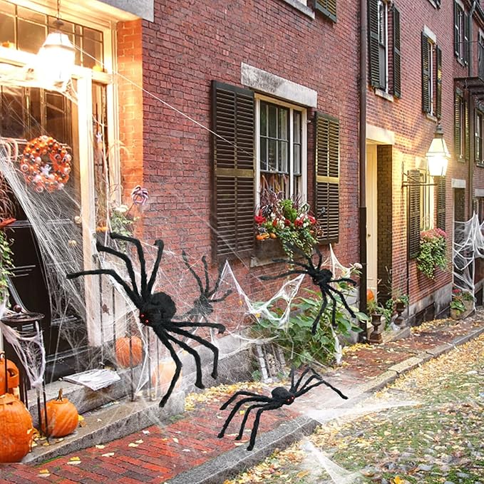 Halloween Decoration Outdoor Spider Web Decor 16ft with Giant Spider and Stretchy Dense Spider Silk Rope and 2 Small Spiders Triangular Huge Spider Web for Yard Outside Indoor