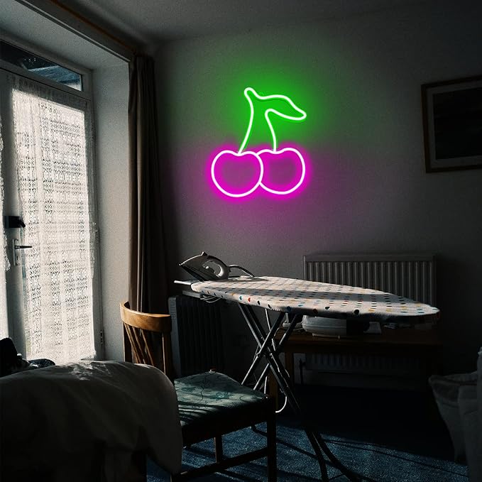 Cherry Neon Sign, Red Green Cherries Neon Lights, Cherry Neon Signs for Wall Decor, Cute Fruits LED Signs for Kids Room,Restaurant,Bar,Fruit Shop,Home Green+Pink
