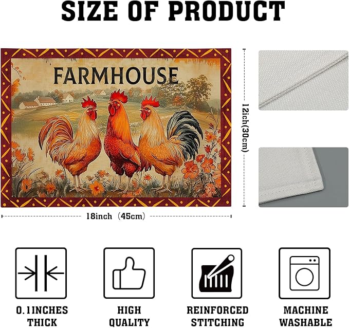 Farmhouse Rooster Placemats Set of 4 Vintage Chicken Farm Table Mats Rustic Country Style Heat Resisting Non-Slip Place Mat for Home Party Indoor Kitchen Dining Table Decoration 12x18 Inch
