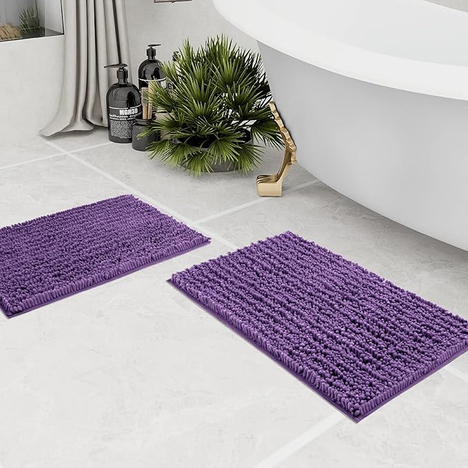 Walensee Bathroom Rug 2 Pieces Set Non Slip Bath Mat (17x24 Plus 20x32 Inch Lavender) Water Absorbent Super Soft Shaggy Chenille Machine Washable Dry Extra Thick Perfect Carpet for Shower Floor