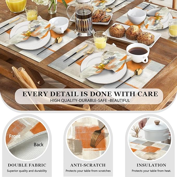 MCALK 4 Each Orange Placemats and Cloth Napkins Set of 8, Modern Abstract Art Painted Placemat for Home Kitchen Decor (Placemats 18 "x12 Cloth Napkins 18 "x18)