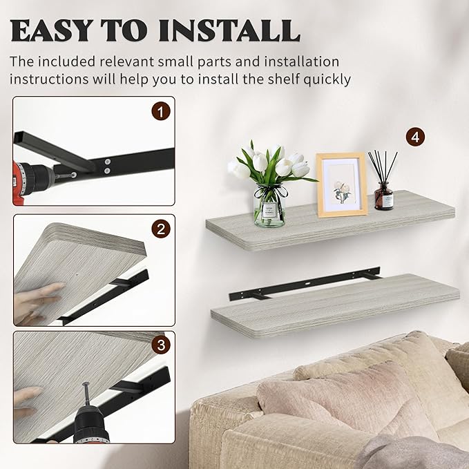 Floating Shelves for Wall, Wood Shelves with Invisible Brackets for Bathroom, Living Room, Bedroom and Kitchen, Long Wall Shelf for Books/Storage/Room Decor, 36 Inch, Set of 2, Grey