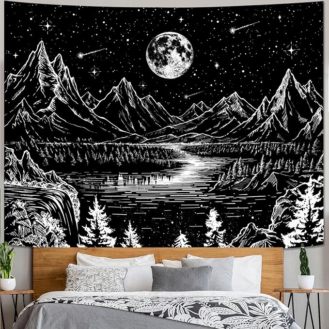 Lunerfex Black Nature Tapestry (36.00" x 48.00") for Bedroom - Mountain Landscape Wall Art - Versatile Decor for Indoor and Outdoor Spaces
