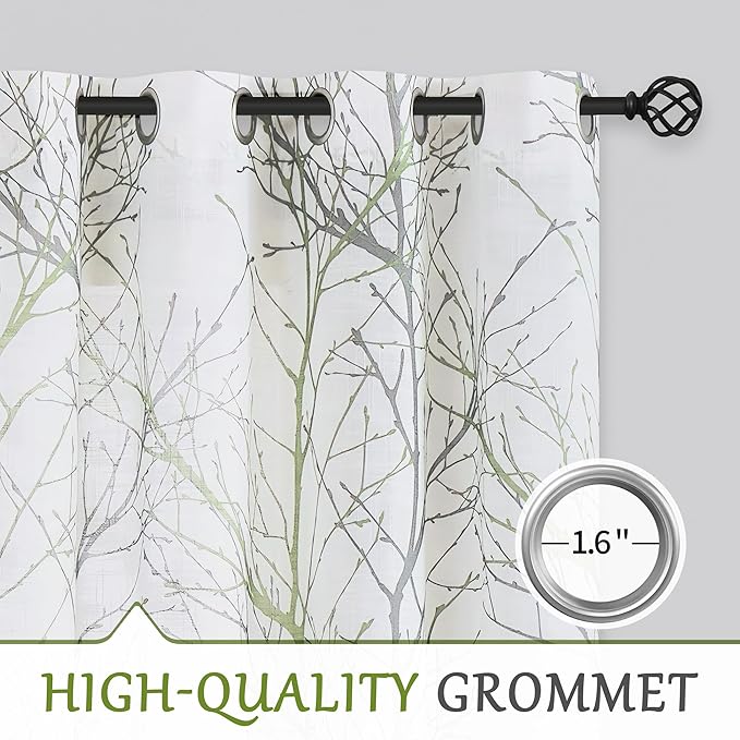 FMFUNCTEX Extra Wide Patio Door Curtain 100 inches Width by 96 Inch Length for Living Room Tree Print Not See Through Linen Semi Sheer Curtain Green Gray Branch Sliding Glass Door Curtains 1 Panel