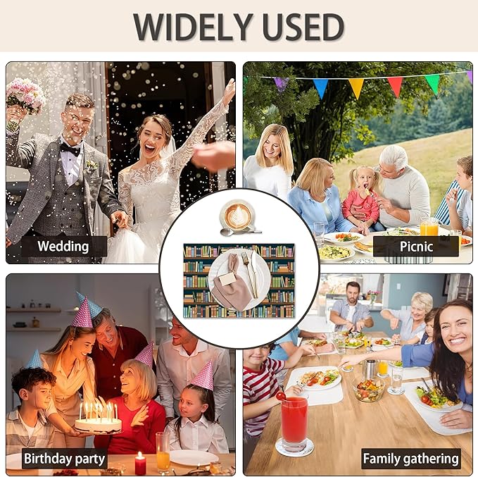 Bookshelf Placemats Set of 6,Library Book Place Mats Heat Resistant Washable Non-Slip Table Mats for Party Kitchen Dining Decor 12x18 Inch