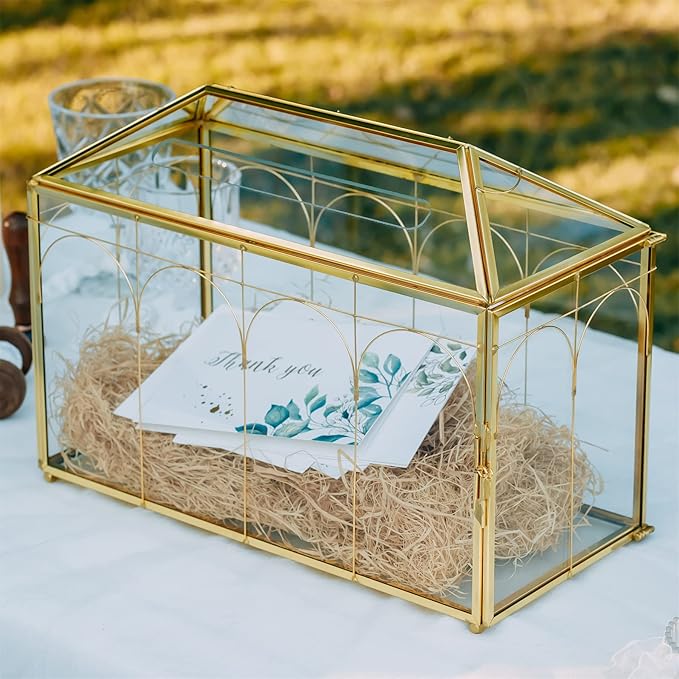 NCYP Glass Cards Box with Slot and Lock for Wedding - 12.6" x 5.9" x 9" Geometric Vintage Envelops Wishwell Card Holder - Tabletop Reception, Birthday Party Decor, Gold (Glass Box Only)